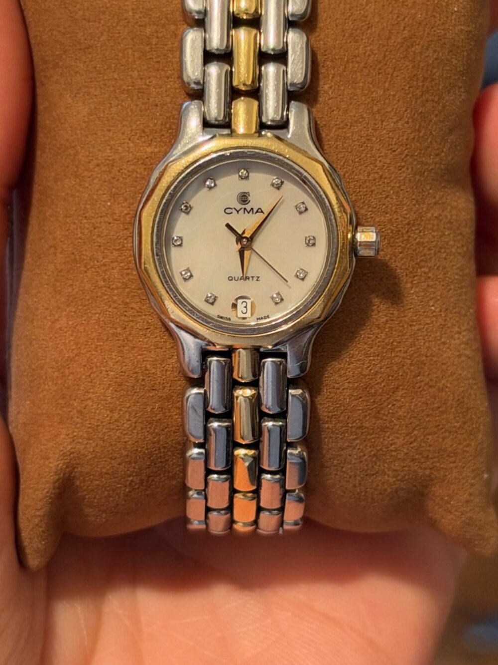 Cyma Women's Swiss Quartz Watch 18K Gold Bezel Diamond Pearl Dial 29mm